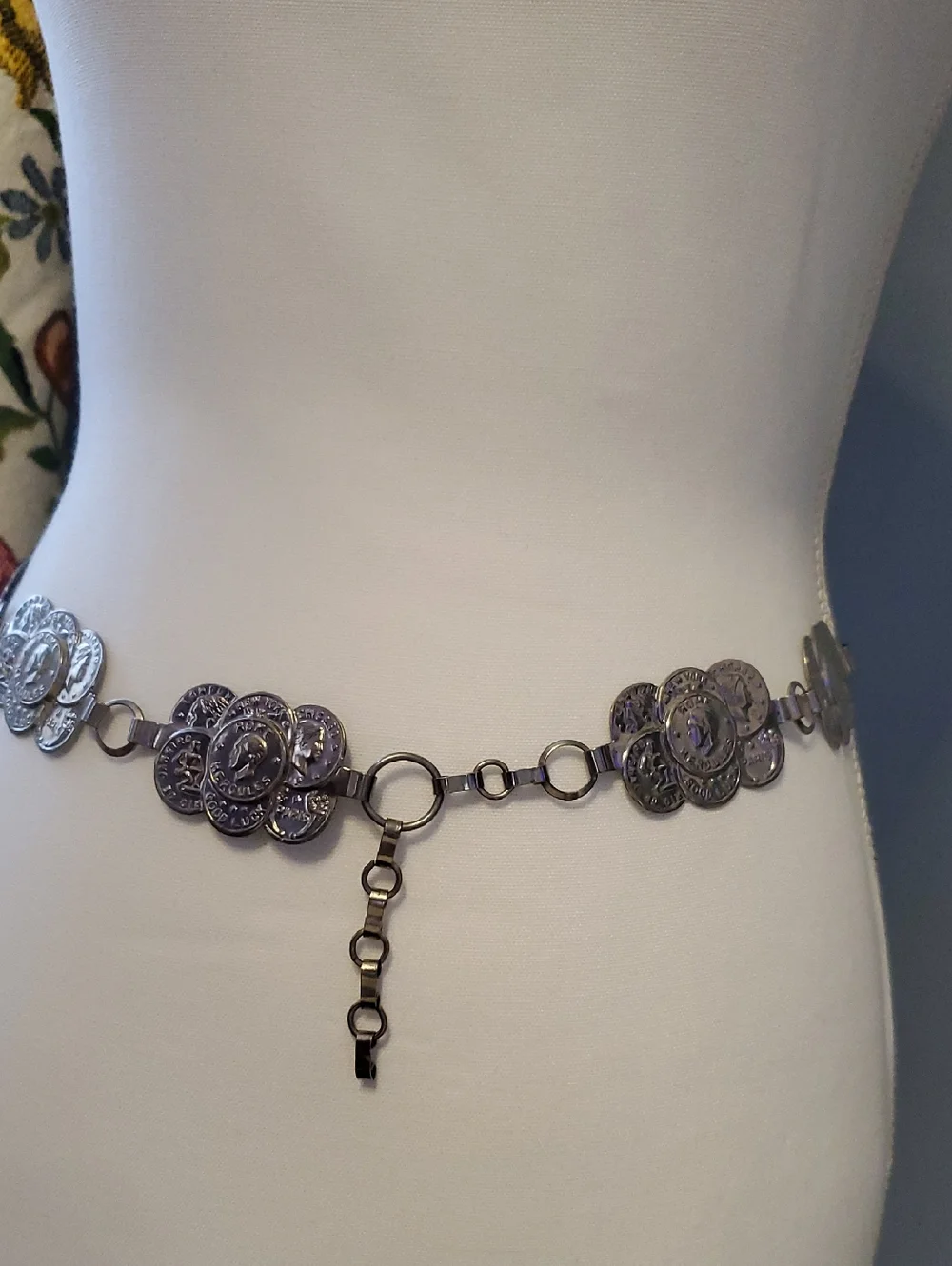 Silver-Tone Metal Coin Charm Chain Belt.